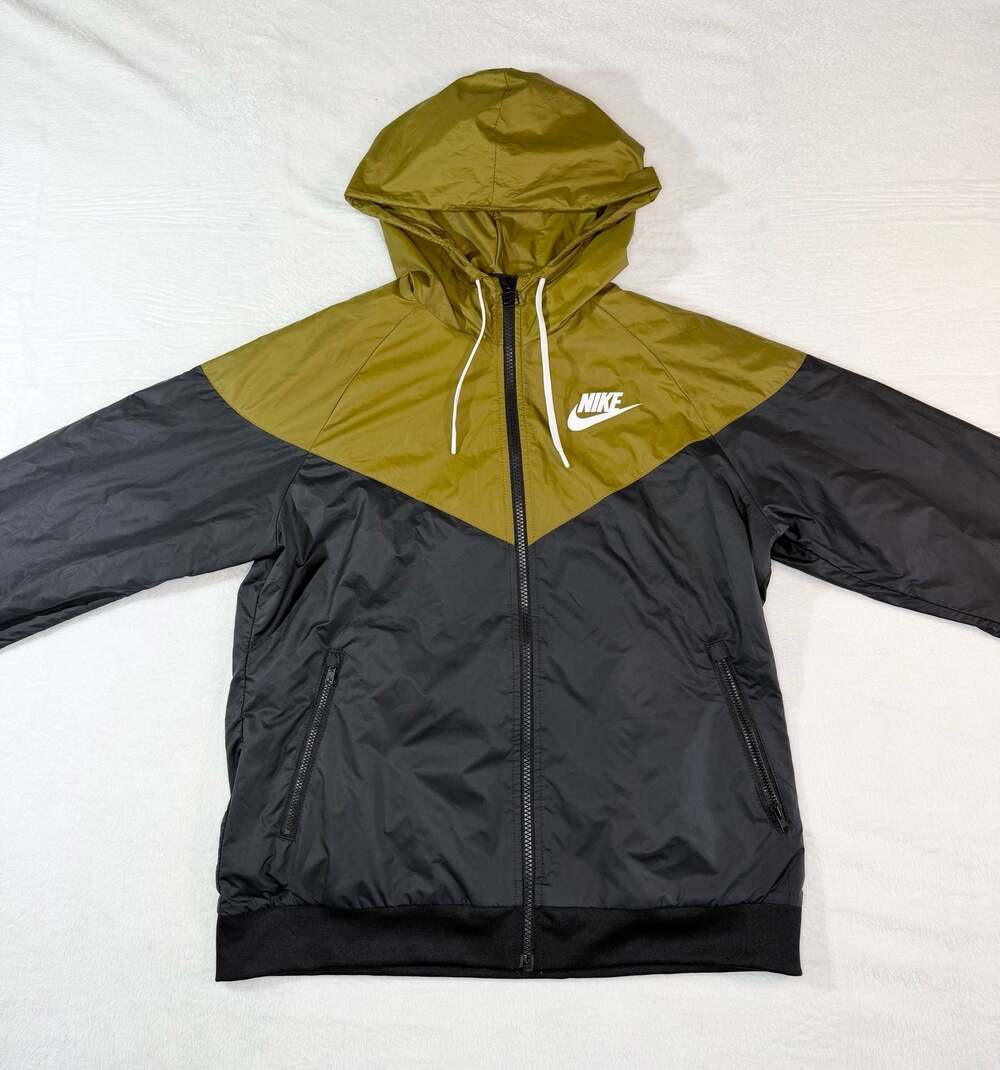 Nike Sportswear Mens Vintage Windrunner Hooded Jacket Olive Green and Black, M